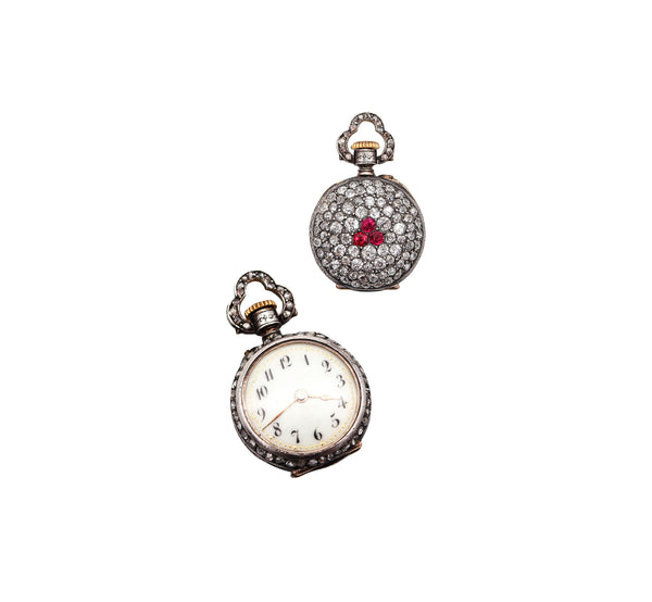 LE COULTRE 1890 Miniature Pendant Watch in Silver With 5.29 Ctw Diamonds & Rubies