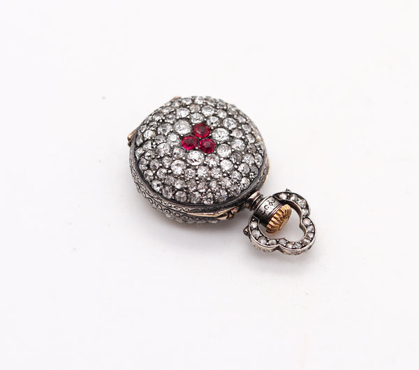 LE COULTRE 1890 Miniature Pendant Watch in Silver With 5.29 Ctw Diamonds & Rubies