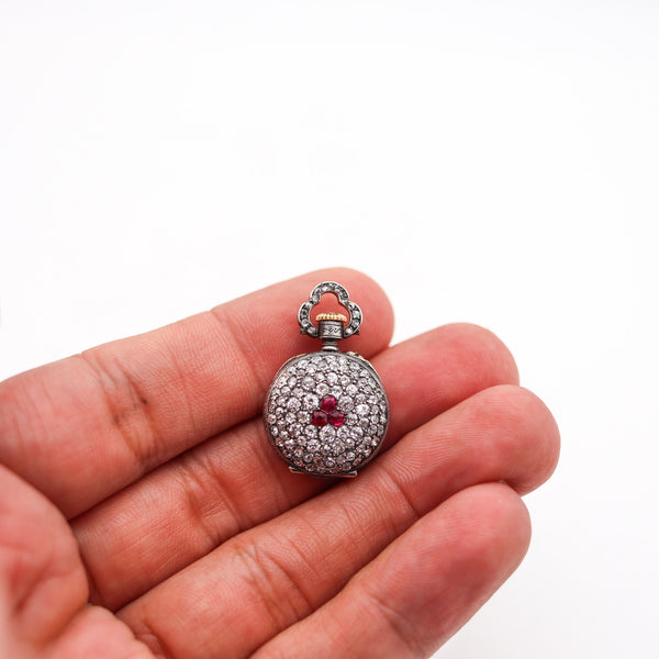 LE COULTRE 1890 Miniature Pendant Watch in Silver With 5.29 Ctw Diamonds & Rubies