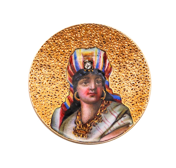 -Egyptian Revival 1880 Round Enameled Queen Brooch In 18Kt Gold With Diamond