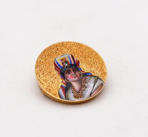 -Egyptian Revival 1880 Round Enameled Queen Brooch In 18Kt Gold With Diamond