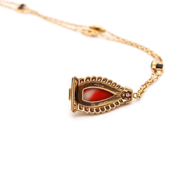 CARTIER Paris 1940 Art Deco Necklace In 18Kt Gold With Diamonds Coral & Onyxes