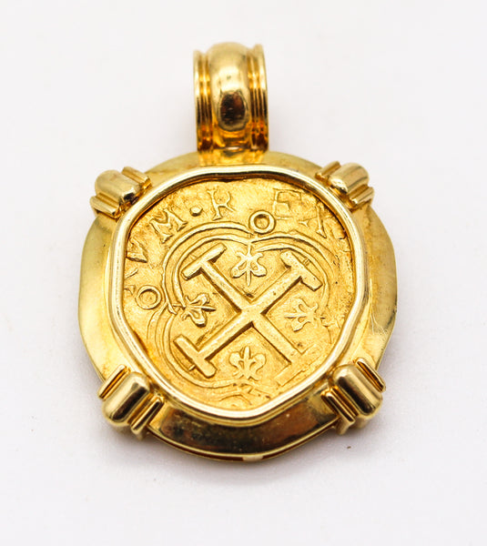 TREASURE DOUBLOON 1645 Spanish Gold 2 Escudos Pendant Framed In 18Kt Yellow Gold
