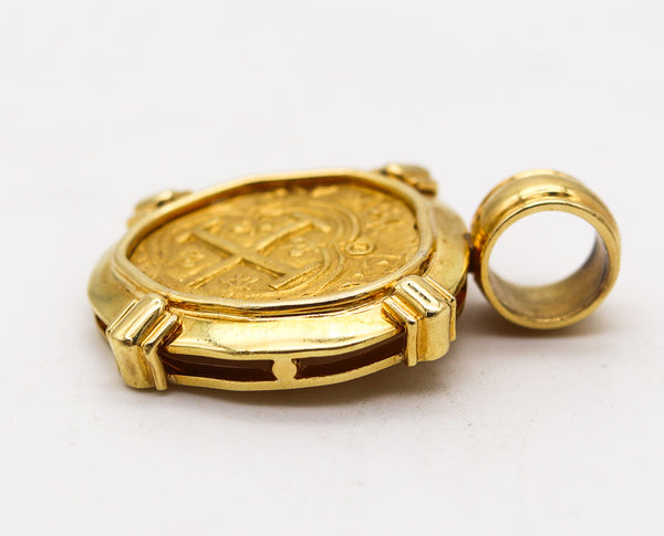 TREASURE DOUBLOON 1645 Spanish Gold 2 Escudos Pendant Framed In 18Kt Yellow Gold