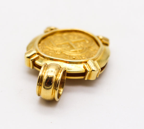 TREASURE DOUBLOON 1645 Spanish Gold 2 Escudos Pendant Framed In 18Kt Yellow Gold