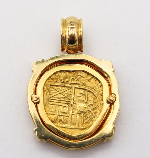 TREASURE DOUBLOON 1645 Spanish Gold 2 Escudos Pendant Framed In 18Kt Yellow Gold