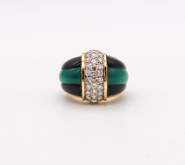 ITALIAN Modernist Chrysoprase & Onyx Ring Band In 18Kt Gold With 1.60 Cts Diamonds