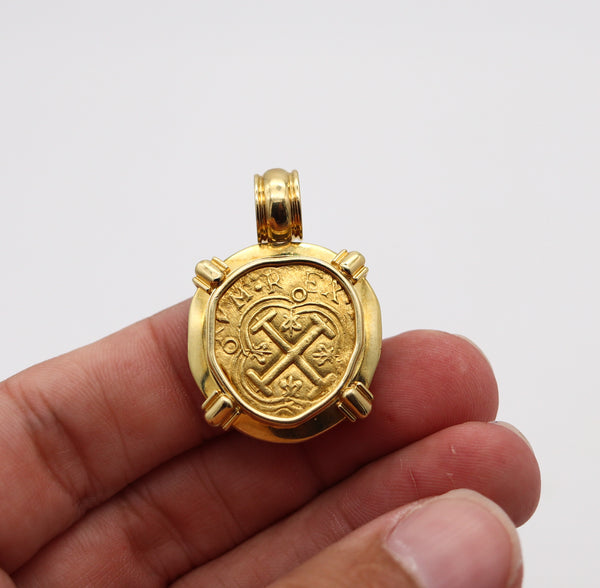TREASURE DOUBLOON 1645 Spanish Gold 2 Escudos Pendant Framed In 18Kt Yellow Gold