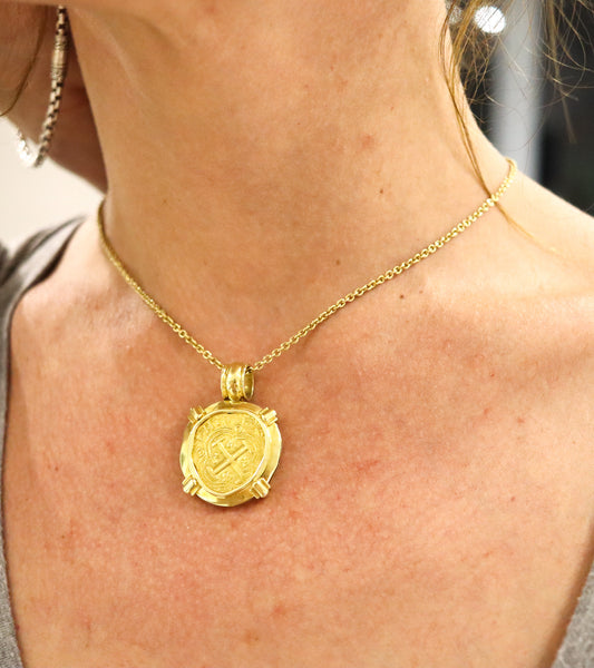 TREASURE DOUBLOON 1645 Spanish Gold 2 Escudos Pendant Framed In 18Kt Yellow Gold