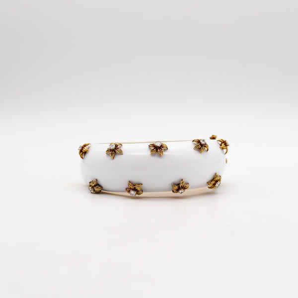 MODERNIST 1970 White Enameled Bangle In 18Kt Yellow Gold With Diamonds