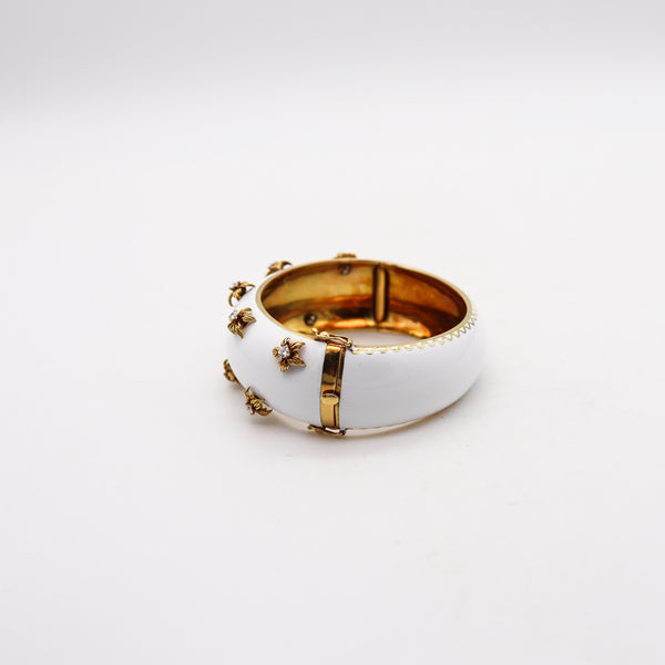 MODERNIST 1970 White Enameled Bangle In 18Kt Yellow Gold With Diamonds