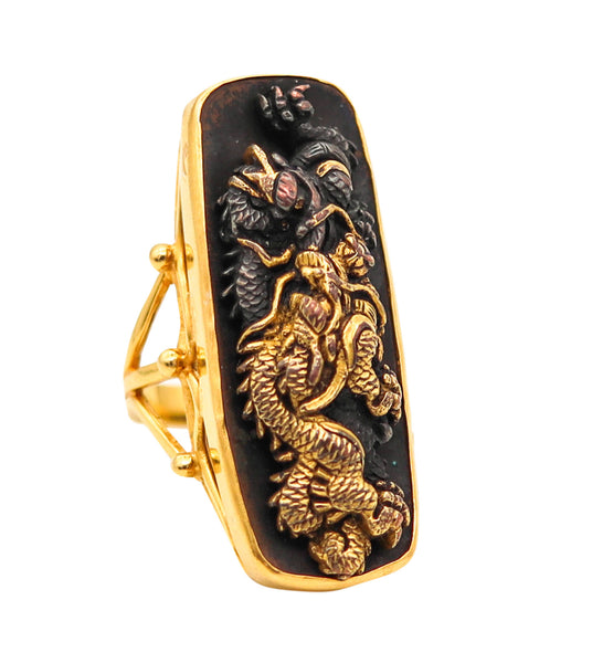 JAPAN Meiji Menuki Ring With Shakudo In 14Kt Yellow Gold 24Kt Gold And Bronze