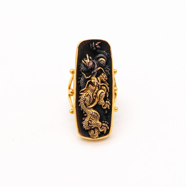 JAPAN Meiji Menuki Ring With Shakudo In 14Kt Yellow Gold 24Kt Gold And Bronze