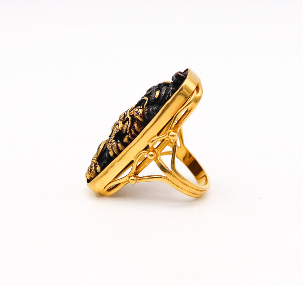 JAPAN Meiji Menuki Ring With Shakudo In 14Kt Yellow Gold 24Kt Gold And Bronze