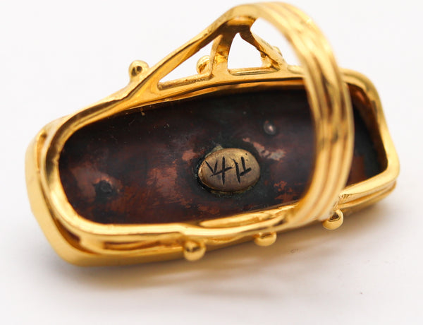 JAPAN Meiji Menuki Ring With Shakudo In 14Kt Yellow Gold 24Kt Gold And Bronze