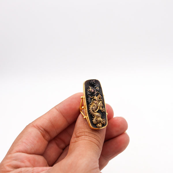 JAPAN Meiji Menuki Ring With Shakudo In 14Kt Yellow Gold 24Kt Gold And Bronze