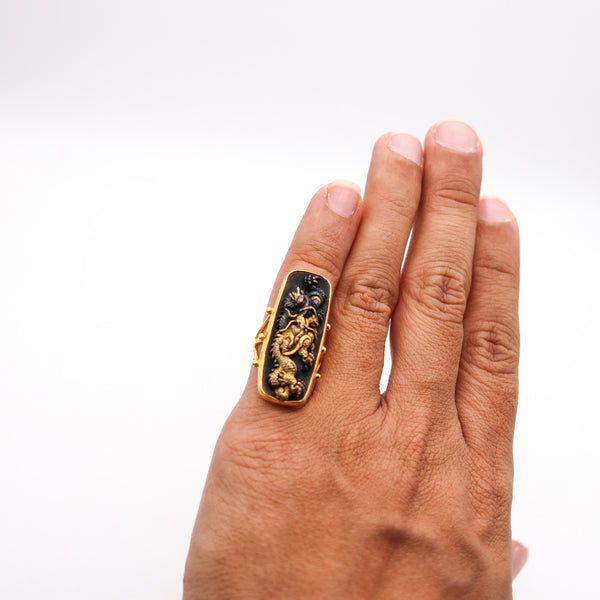 JAPAN Meiji Menuki Ring With Shakudo In 14Kt Yellow Gold 24Kt Gold And Bronze