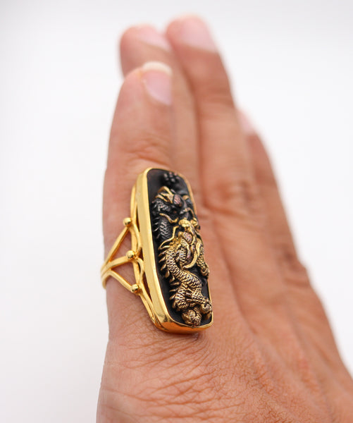 JAPAN Meiji Menuki Ring With Shakudo In 14Kt Yellow Gold 24Kt Gold And Bronze