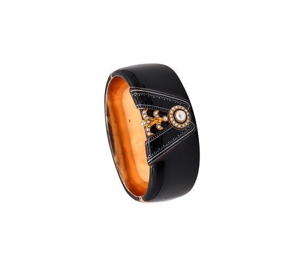 -FRIEDRICH DRAXLER 1880 Victorian Black Enameled Bangle In 14Kt Gold With Pearls