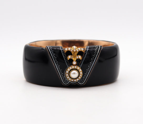 -FRIEDRICH DRAXLER 1880 Victorian Black Enameled Bangle In 14Kt Gold With Pearls