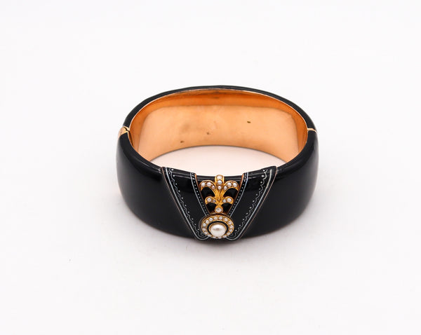 -FRIEDRICH DRAXLER 1880 Victorian Black Enameled Bangle In 14Kt Gold With Pearls