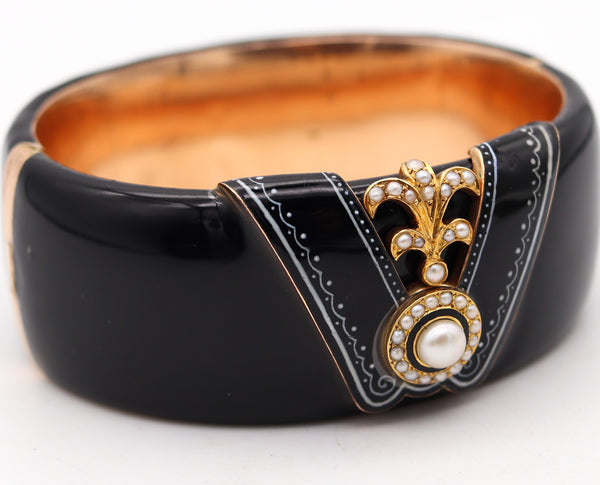 -FRIEDRICH DRAXLER 1880 Victorian Black Enameled Bangle In 14Kt Gold With Pearls