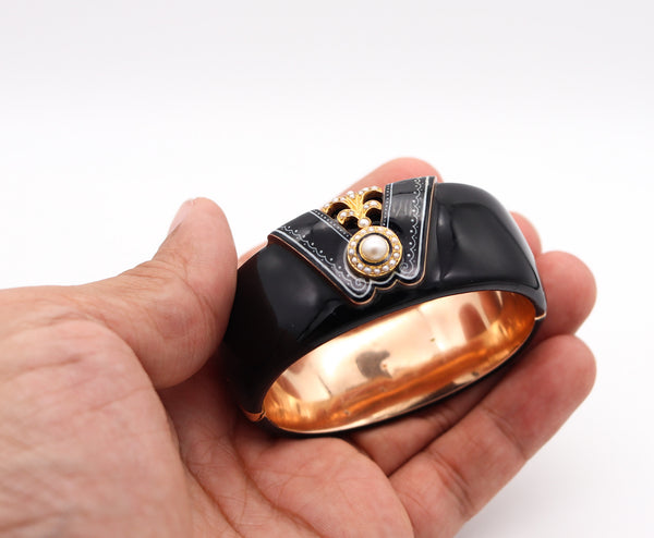 -FRIEDRICH DRAXLER 1880 Victorian Black Enameled Bangle In 14Kt Gold With Pearls