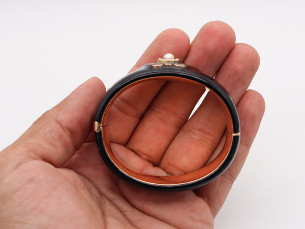 -FRIEDRICH DRAXLER 1880 Victorian Black Enameled Bangle In 14Kt Gold With Pearls