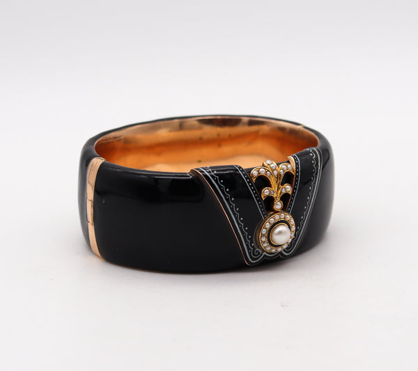 -FRIEDRICH DRAXLER 1880 Victorian Black Enameled Bangle In 14Kt Gold With Pearls