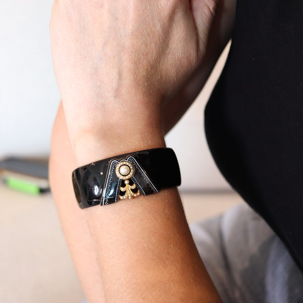 -FRIEDRICH DRAXLER 1880 Victorian Black Enameled Bangle In 14Kt Gold With Pearls