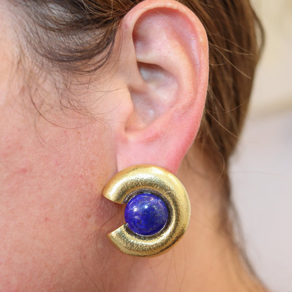 ZOLOTAS Greece Clips On Earrings in Solid 22Kt Yellow Gold With Lapis Lazuli