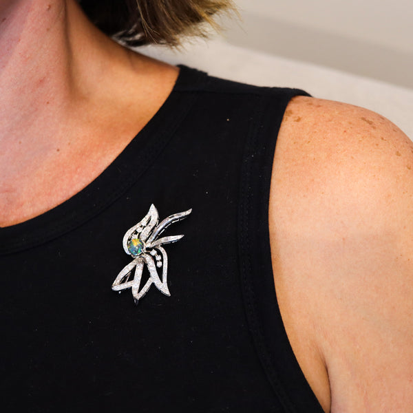 MID CENTURY 1950 Pendant Brooch In Platinum With 5.64 Ctw In Diamonds And Opal