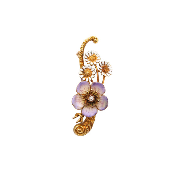 ART NOUVEAU 1900 Edwardian Enameled Flowers Brooch In 18Kt Gold With Diamond