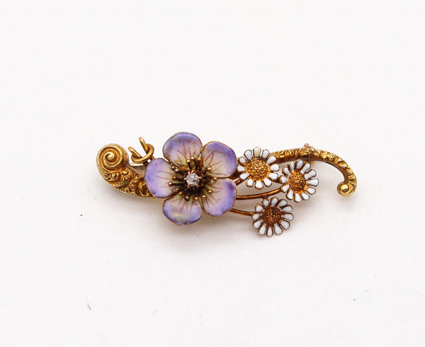 ART NOUVEAU 1900 Edwardian Enameled Flowers Brooch In 18Kt Gold With Diamond