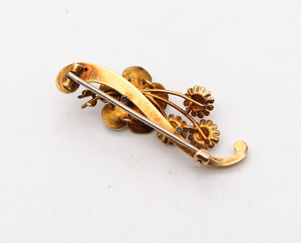 ART NOUVEAU 1900 Edwardian Enameled Flowers Brooch In 18Kt Gold With Diamond