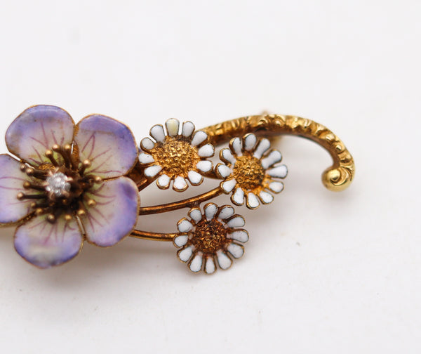 ART NOUVEAU 1900 Edwardian Enameled Flowers Brooch In 18Kt Gold With Diamond