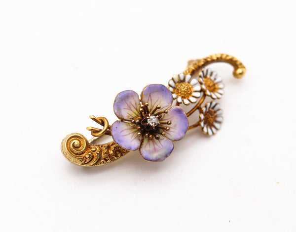 ART NOUVEAU 1900 Edwardian Enameled Flowers Brooch In 18Kt Gold With Diamond