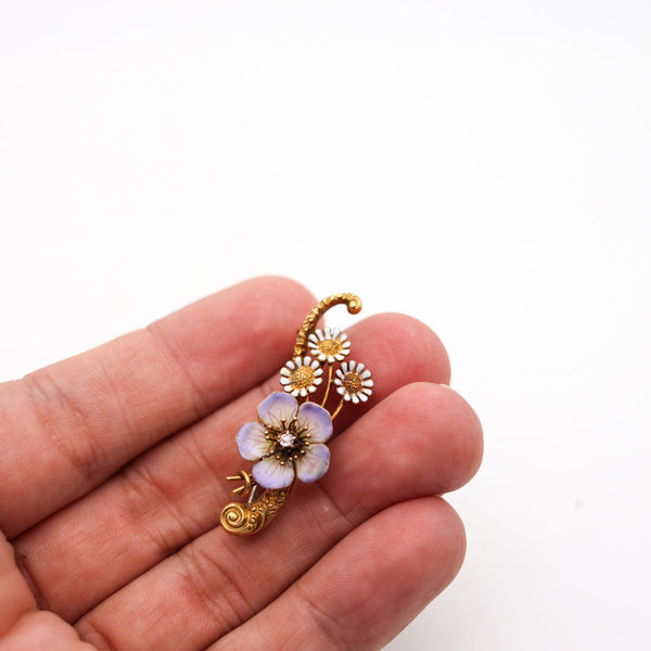 ART NOUVEAU 1900 Edwardian Enameled Flowers Brooch In 18Kt Gold With Diamond