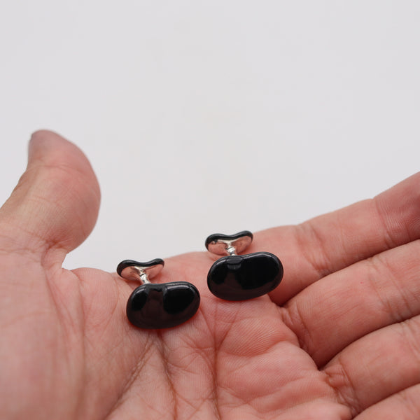 TIFFANY & CO. 1980 Elsa Peretti Beans Cufflinks In .925 Sterling With Black Jade