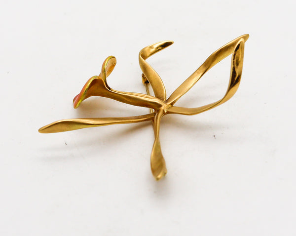 ANGELA CUMMINGS 1988 Enameled Orchid Pendant Brooch In 18Kt Yellow Gold