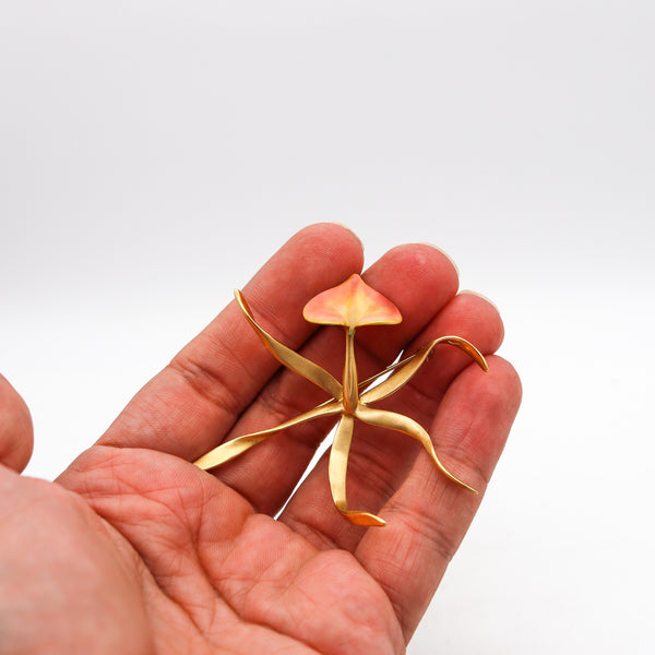 ANGELA CUMMINGS 1988 Enameled Orchid Pendant Brooch In 18Kt Yellow Gold