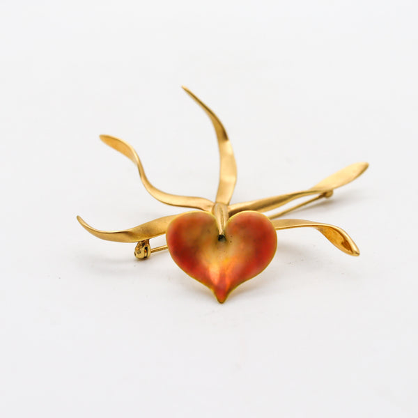 ANGELA CUMMINGS 1988 Enameled Orchid Pendant Brooch In 18Kt Yellow Gold