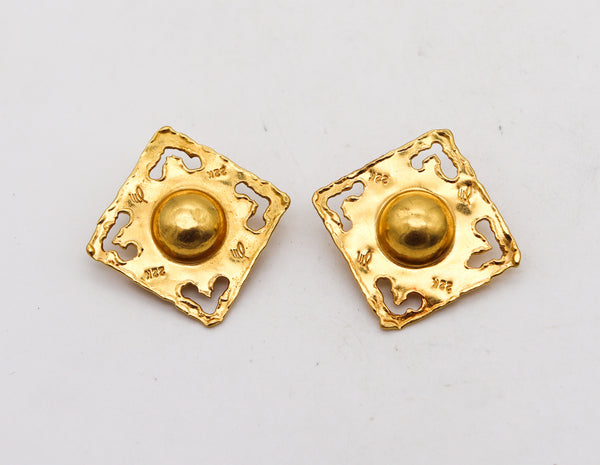 JEAN MAHIE Sculptural Square Clips-On Earrings in Textured 22Kt Yellow Gold
