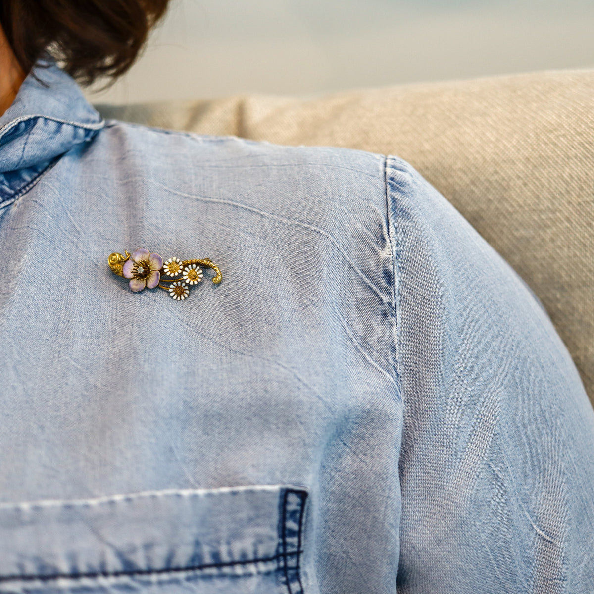 ART NOUVEAU 1900 Edwardian Enameled Flowers Brooch In 18Kt Gold