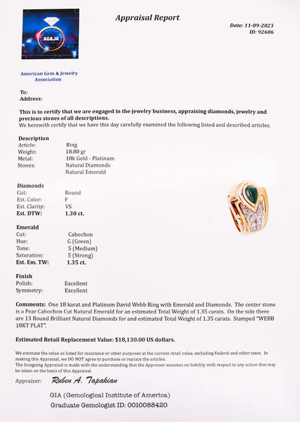 David Webb Cocktail Ring In 18kt Gold & Platinum With 2.65 Cts In Emerald And Diamonds