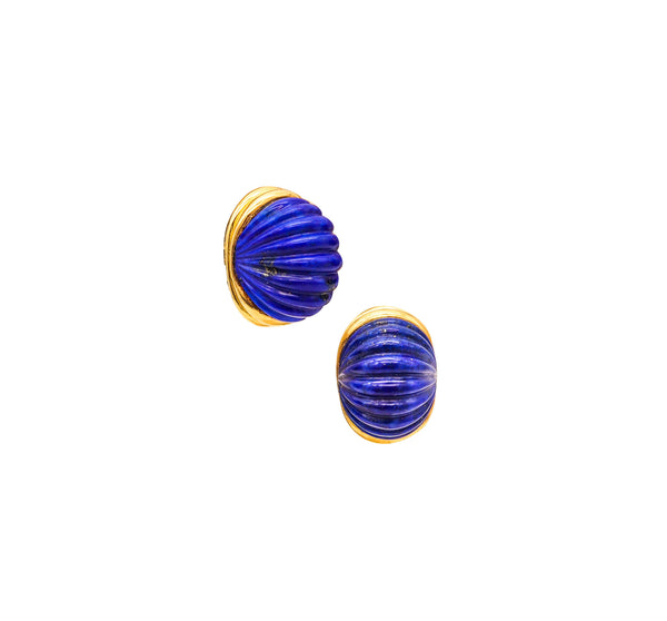 MODERNIST 1970 Italian Fluted Clips-On Earrings In 18Kt Gold With Lapis Lazuli