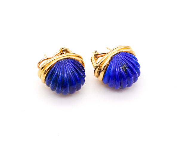 MODERNIST 1970 Italian Fluted Clips-On Earrings In 18Kt Gold With Lapis Lazuli