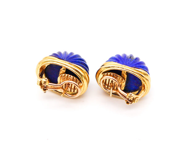 MODERNIST 1970 Italian Fluted Clips-On Earrings In 18Kt Gold With Lapis Lazuli
