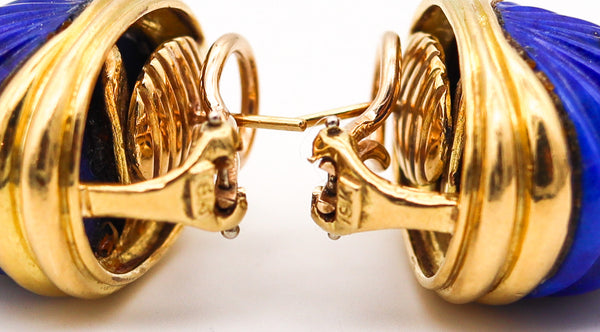 MODERNIST 1970 Italian Fluted Clips-On Earrings In 18Kt Gold With Lapis Lazuli