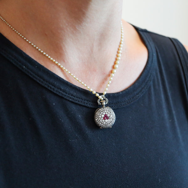 LE COULTRE 1890 Miniature Pendant Watch in Silver With 5.29 Ctw Diamonds & Rubies